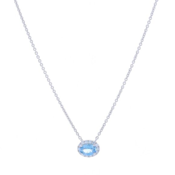 White Gold Aquamarine & Diamond Halo Necklace 16 3/4" - 14k Oval .49ctw